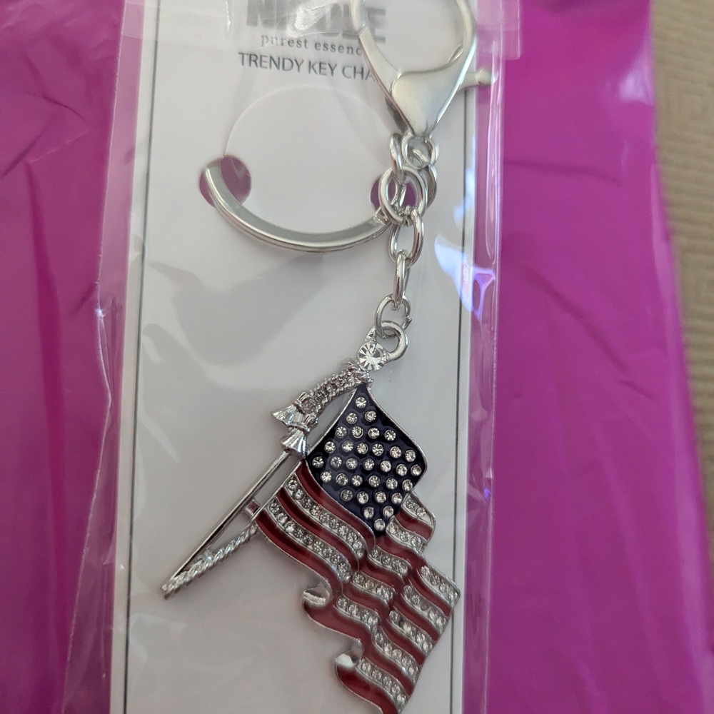 Silver American Flag Keychain with Crystals